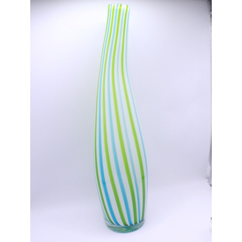 Vintage Cased Hand Blown Streched Glass Vase 13.75" Green/Blue/White 1970's